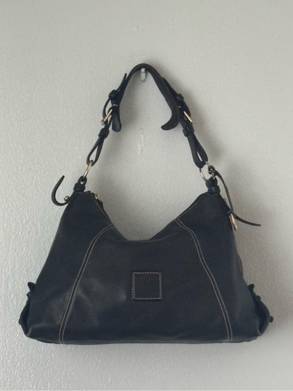 Dooney & Bourke Black Leather Hobo Shoulder Bag Contrast Stitching